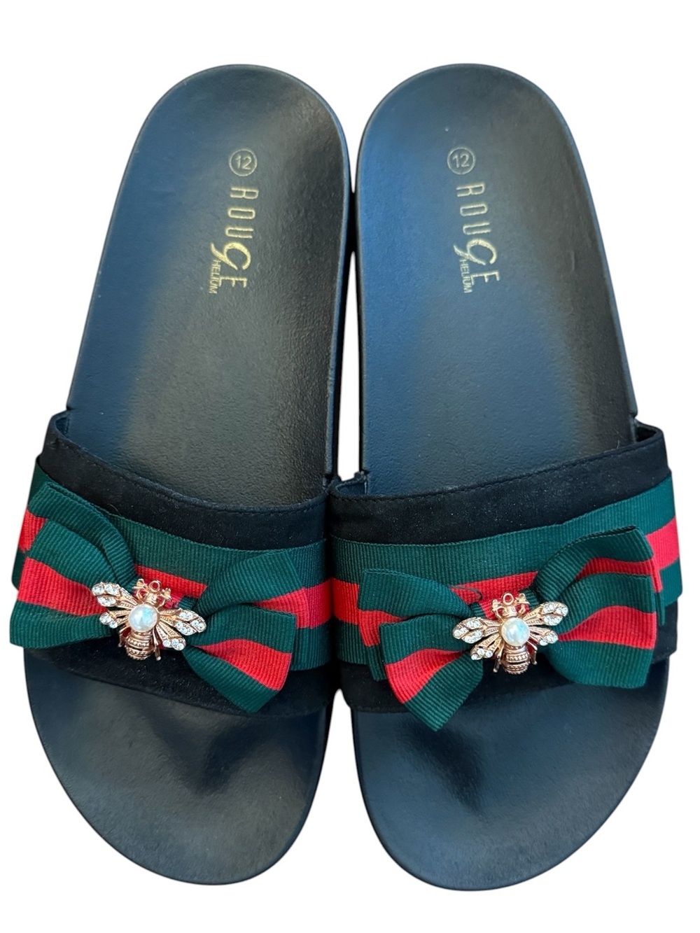 Rouge Helium Bee Bow Slide Sandals Black Striped 12 Rose Gold Rhinestones Pearl - Picture 5 of 12